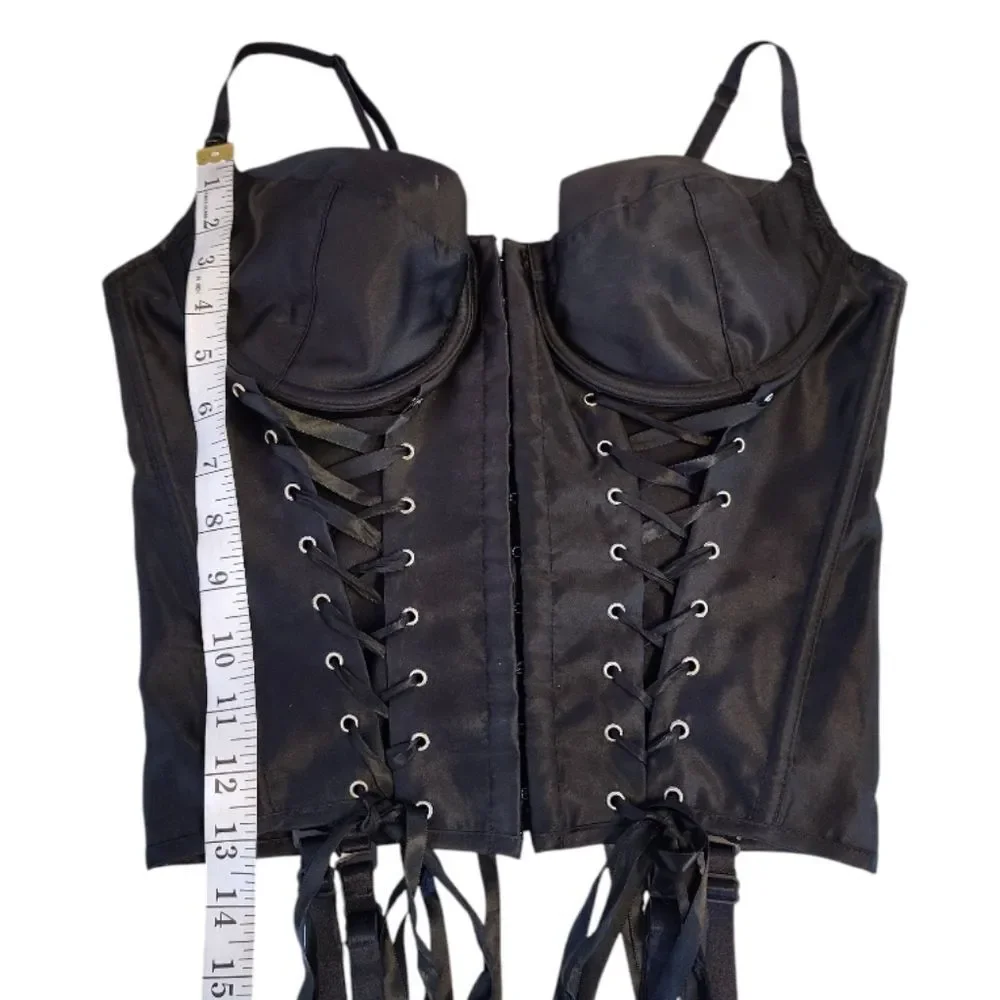 VTG Black Satin Shirley‎ Of Hollywood Lace Up Corset with Garters 38B-D